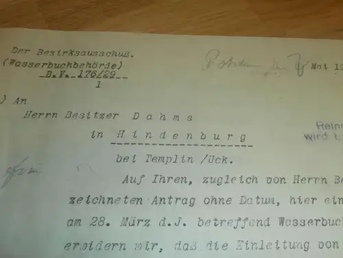 Besitzer Dahms in Hindenburg , 1929 , Templin , viele Stempel , Uckermark !!!