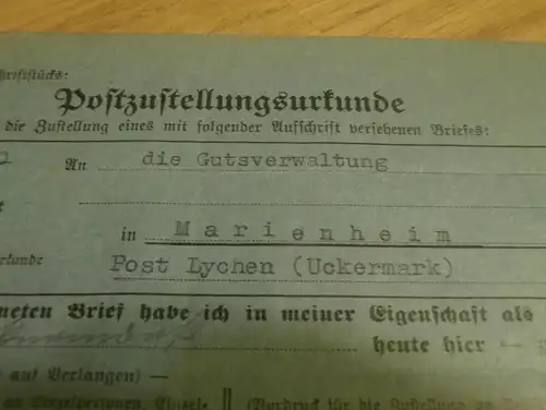 Post-Zustellungsurkunde , Gutsverwaltung Marienheim / Lychen , 1941 , Beenz , Uckermark !!!