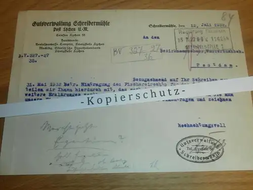 Gutsverwaltung Schreibermühle b. Lychen , 1932 , Fischereirecht , Regierung !!!