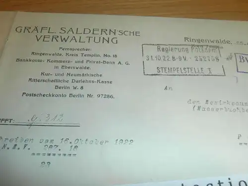 Gräfl. Saldern `sche Verwaltung Ringenwalde , 1922 , mit Autograph , Ahlimbsmühle , Templin , Regierung Potsdam !!!