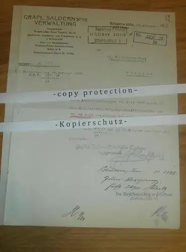 Gräfl. Saldern `sche Verwaltung Ringenwalde , 1922 , mit Autograph , Ahlimbsmühle , Templin , Regierung Potsdam !!!