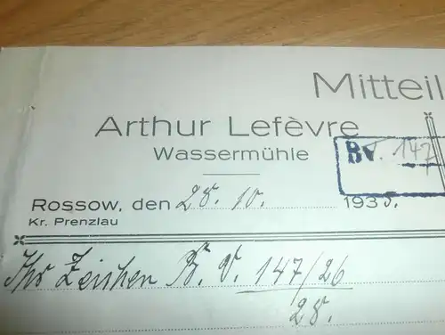 Arthur Lefévre - Wassermühle Rossow b. Pasewalk , 1935 , mit Autograph , Regierung Potsdam , Mecklenburg !!!