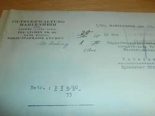 Gutsverwaltung Marienheim b. Lychen , 1940 , Beenz , Regierung Potsdam , Uckermark !!!