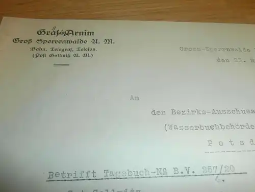 Graf Arnim in Groß Sperrenwalde , 1931 , mit Autograph , Gut Gollmitz , Uckermark !!!