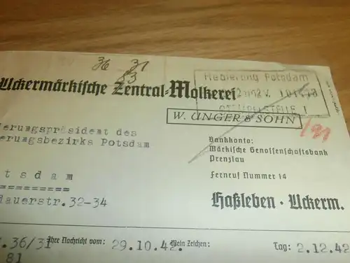 Uckermärkische Zentral-Molkerei Haßleben , 1942 , Regierung Potsdam , Templin , Uckermark !!!