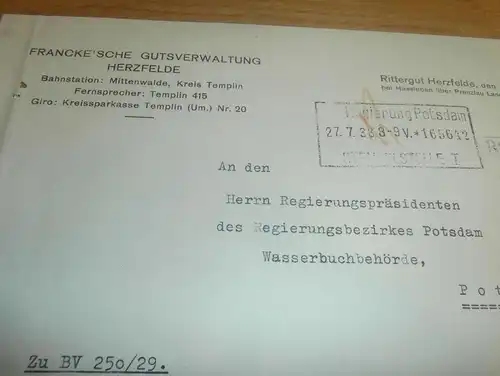 Gutsverwaltung Herzfelde , 1938 , mit Autograph , Mittenwalde , Haßleben , Regierung Potsdam , Templin , Uckermark !!!