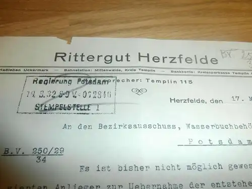 Rittergut Herzfelde , 1932 , mit Autograph , Mittenwalde , Haßleben , Regierung Potsdam , Templin , Uckermark !!!