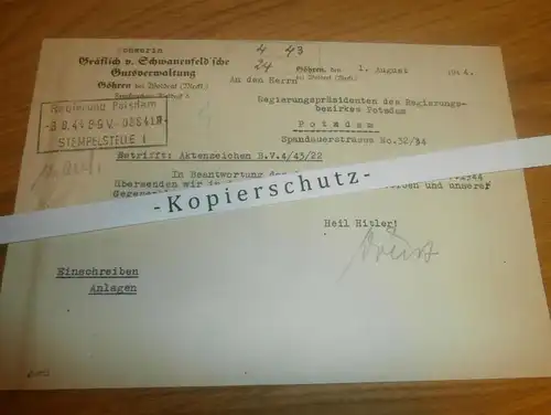 Gräflich v. Schwanenfeld `sche Gutsverwaltung , Göhren b. Woldegk , 1944 , Regierung Potsdam , Mecklenburg !!!