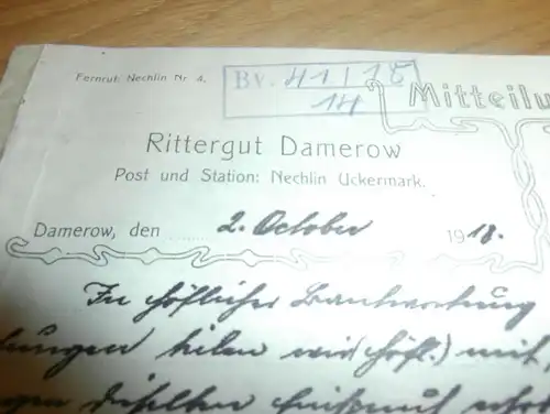 Rittergut Damerow b. Nechlin , 1918 , Rommel , Uckermark ,  Regierung Potsdam  !!!