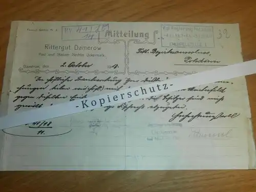 Rittergut Damerow b. Nechlin , 1918 , Rommel , Uckermark ,  Regierung Potsdam  !!!
