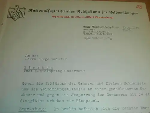 Reichsbund für Leibesübungen , 1940 , Storkow / Post Hammelsspring , Bürgermeister , Wassersport , NSDAP , Uckermark !!!