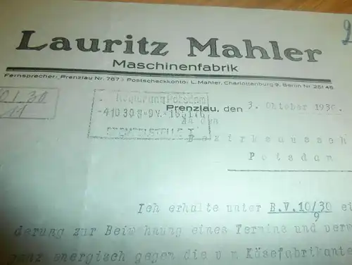 Maschinenfabrik Lauritz Mahler in Prenzlau , 1930 , Streit mit Käsefabrik Krumbach in Demmin , Mecklenburg !!