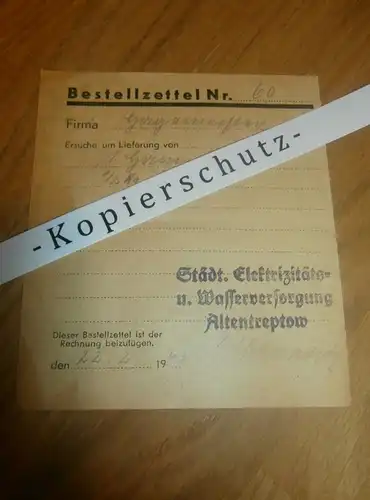 städtisches Elektrizitätswerk Altentreptow , 1943 , Wasserversorgung , Mecklenburg !!!