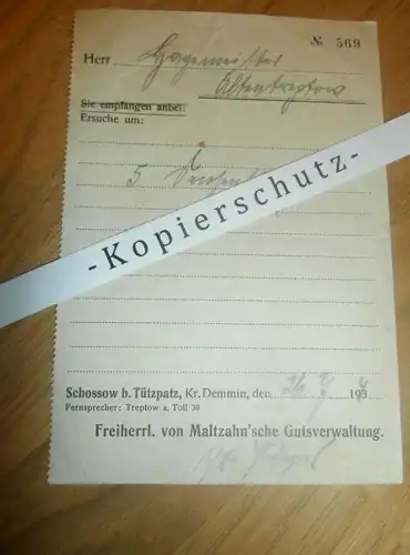 Schossow b. Tützpatz , 1943 , Kreis Demmin , Gutsverwaltung Maltzahn , Mecklenburg !!!