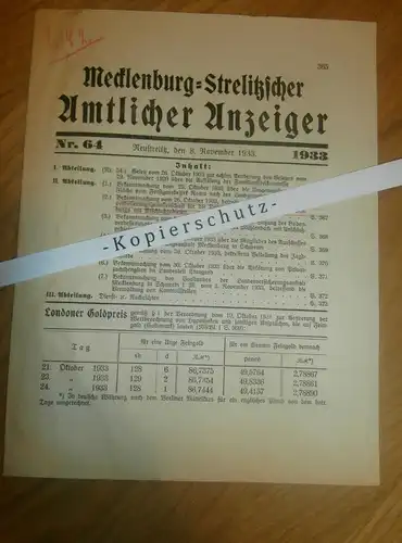 Mecklenburg-Strelitzscher Anzeiger , 1933 , Neustrelitz , Neubrandenburg und Umgebung , Mecklenburg !!!