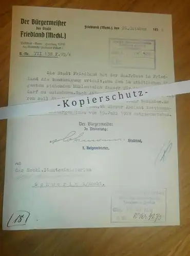 Friedland i. Meckl. , 1938 , Genehmigung für Hanfröste , Staatsministerium , Mecklenburg !!!