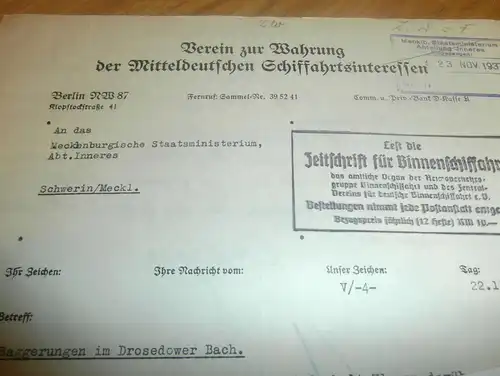 Drosedow / Wustrow , 1937 , Staatsministerium , Wahrung der mitteldeutschen Schiffahrtsinteressen , Mecklenburg !!!