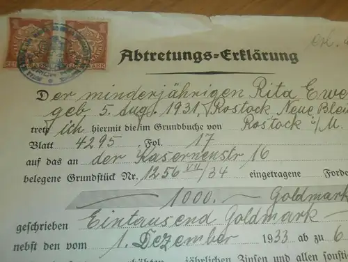 Rostock , 1933 , Kasernenstraße , 1000 Goldmark , Abtretung , Kaufmann Lange , Erich Helms , Mecklenburg !!!