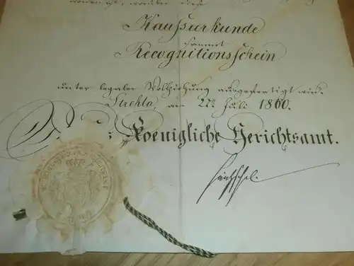 Urkunde Strehla 1860 , Maximilian Kühnel , Königliches Gerichtsamt , Riesa !!!