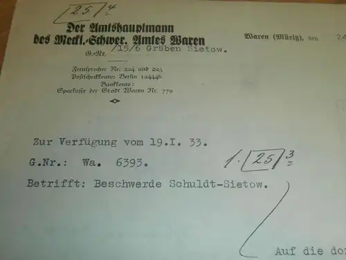 Sietow / Waren Müritz , 1933 , Beschwerde , Strassenbauamt , Ministerium des Innern , Mecklenburg !!!