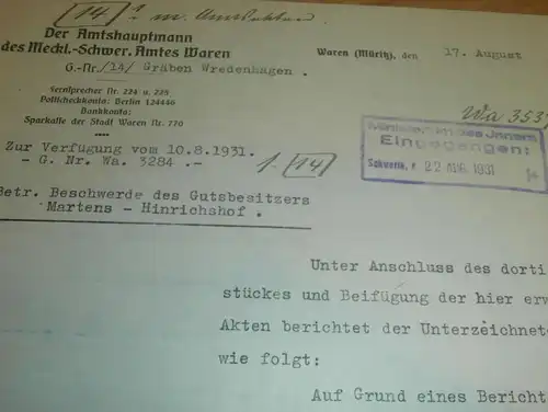 Waren Müritz , 1931 , Gutsbesitzer Martens in Hinrichshof , Wredenhagen , Ministerium des Innern , Mecklenburg !!!