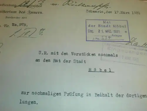 Rat der Stadt Röbel , 1931 , Landwirt Schröder / Hackbusch , Ermittlungen , Ministerium des Innern , Mecklenburg !!!