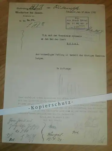 Rat der Stadt Röbel , 1931 , Landwirt Schröder / Hackbusch , Ermittlungen , Ministerium des Innern , Mecklenburg !!!