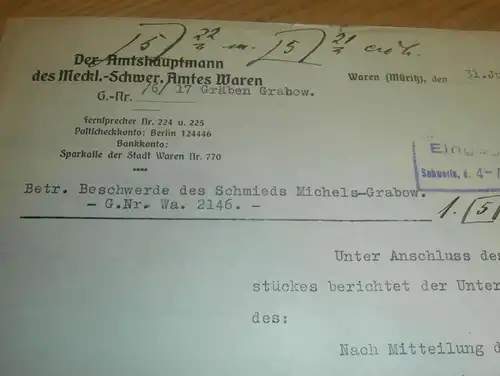 Schmied Michels in Grabow , 1931 , Beschwerde , Waren Müritz , Ministerium des Innern , Mecklenburg !!!