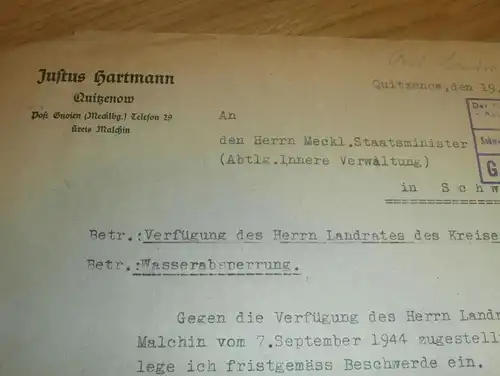Justus Hartmann in Quitzenow , Post Gnoien , 1944 , Malchin , Staatsministerium , Mecklenburg !!!