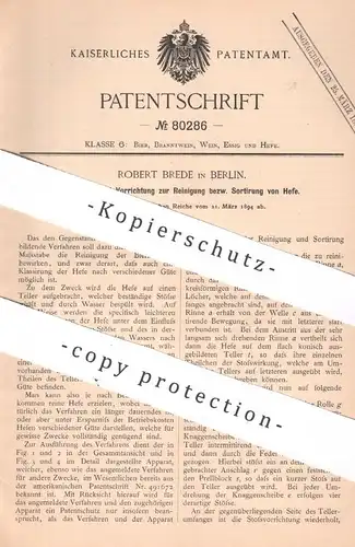 original Patent - Robert Brede , Berlin , 1894 , Reinigung bzw. Sortierung von Hefe | Bier , Brauerei !!