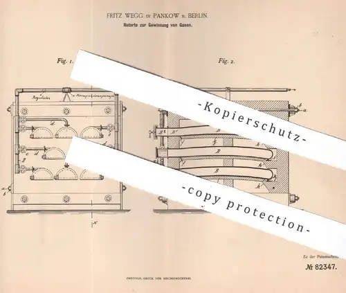 original Patent - Fritz Wegg , Berlin / Pankow , 1894 , Retorte zur Gewinnung von Gas | Gase , Chemie , Säure | Labor !!