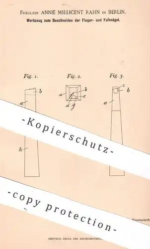 original Patent - Annie Millicent Rahn , Berlin , 1894 , Werkzeug zum Beschneiden der Finger- und Fußnägel | Fingernagel
