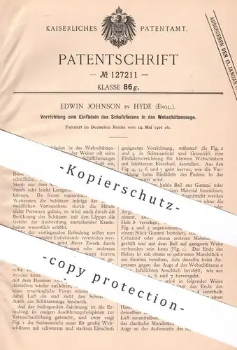 original Patent - Edwin Johnson , Hyde , England , 1901 , Webstuhl , Schussfaden | Weben , Weberei , Schütze