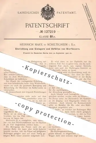 original Patent - Heinrich Marx , Schiltigheim , Elsass | 1900 | Einlagern und Abfüllen der Bierfässer | Bier - Fass !!
