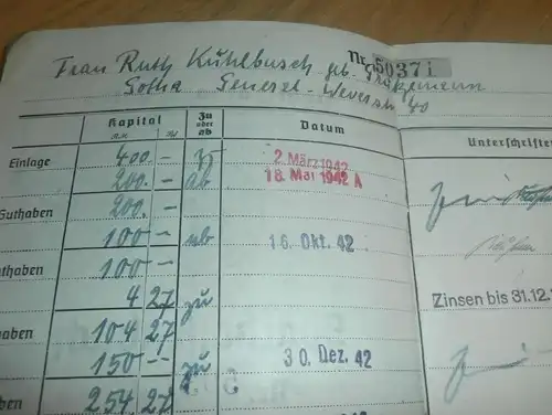 altes Sparbuch Gotha , 1942 - 1946 , Ruth Kühlbusch geb. Grützemann , Sparkasse , Bank !!!