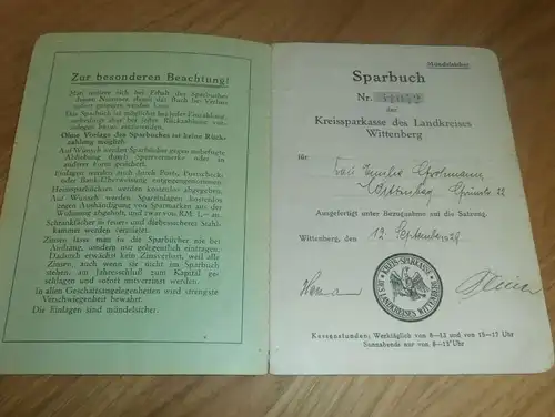 altes Sparbuch Wittenberg , 1929 - 1944 , Emilie Grohmann , Sparkasse , Bank !!!