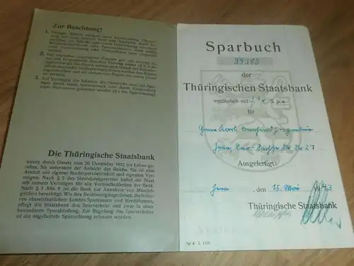 altes Sparbuch Jena , 1943 - 1944 , Karl Ziegenbein , Sparkasse , Bank !!!
