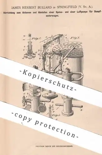 original Patent - James Herbert Bullard , Springfield , USA , 1900 , Speise- & Luftpumpe für Dampfmotorwagen | Motor