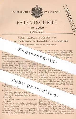 original Patent - Adolf Pastors , Dülken | 1900 | Säule zum Aufhängen der Krankenbahren | Lazarett | Militär , Bahre
