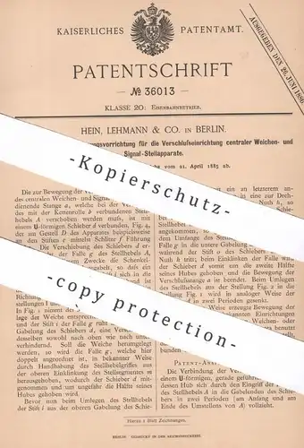 original Patent - Hein , Lehmann & Co. , Berlin , 1885 , Verschluss von Weichen- und Signal-Stellwerk | Eisenbahn , Bahn