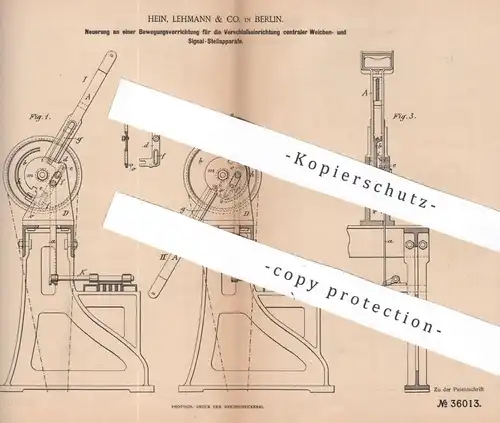 original Patent - Hein , Lehmann & Co. , Berlin , 1885 , Verschluss von Weichen- und Signal-Stellwerk | Eisenbahn , Bahn