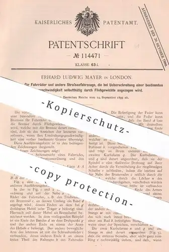 original Patent - Erhard Ludwig Mayer , London , England | 1899 | Bremse für Fahrräder | Fahrrad , bike , bicycle , Rad
