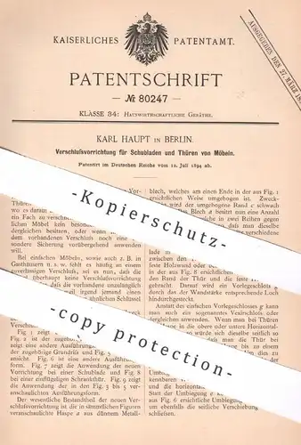 original Patent - Karl Haupt , Berlin 1894 , Schloss für Schubladen und Türen an Möbeln | Möbel , Möbelbauer , Schrank !