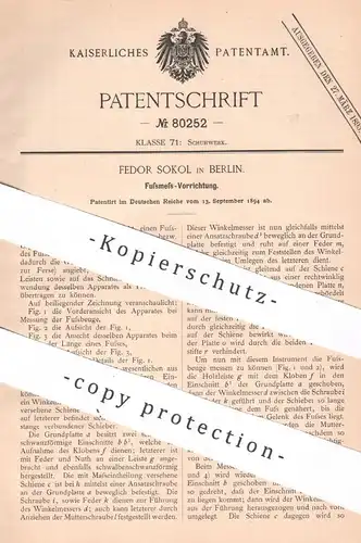 original Patent - Fedor Sokol , Berlin , 1894 , Vorrichtung zum Messen der Füße | Fuß | Schuhe , Schuhwerk , Schuster !!