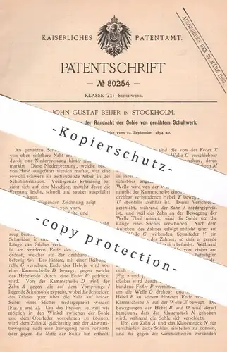 original Patent - John Gustaf Beijer , Stockholm , Schweden , 1894 , Randnaht der Sohle v. Schuhwerk | Schuhe , Schuster