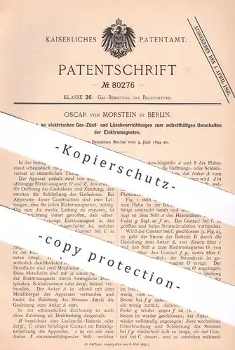 original Patent - Oscar von Morstein , Berlin , 1894 , elektrischer Gaszünder | Gas , Zünder | Zündung | Elektromagnet