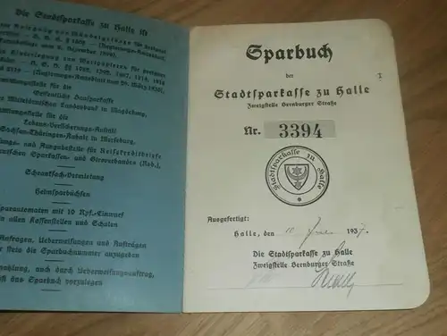 altes Sparbuch Halle / Bernburger Straße , 1937 - 1945 , Otto Wurster in Halle , Sparkasse , Bank !!!