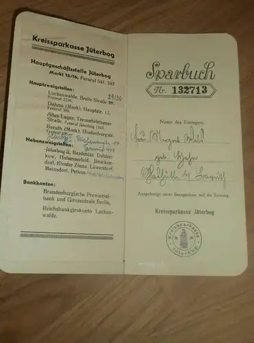 altes Sparbuch Jüterbog , 1941 - 1945 , M. Wald geb. Hahn , Glashütte b. Baruth , Sparkasse , Bank !!!