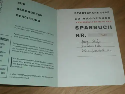 altes Sparbuch Magdeburg , 1939 - 1945 , Georg Schulze , Handelsvertreter  , Sparkasse , Bank !!!