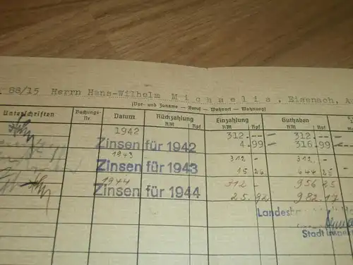altes Sparbuch Eisenach , 1942 - 1944 , Major Hanns-Wilhelm Michaelis , Am Ofenstein , Sparkasse , Bank !!!